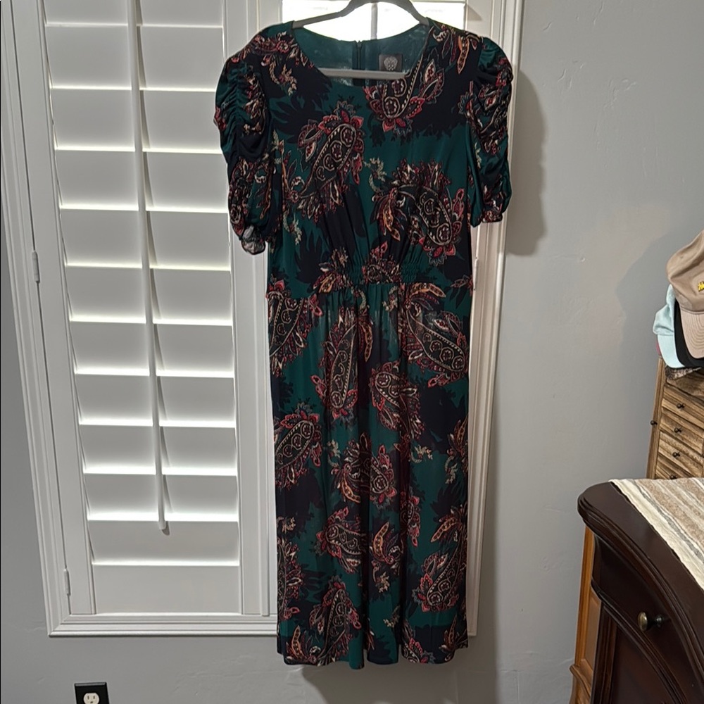 Vince Camuto Green Blue Crew Neck Puff Sleeve Midi Dress